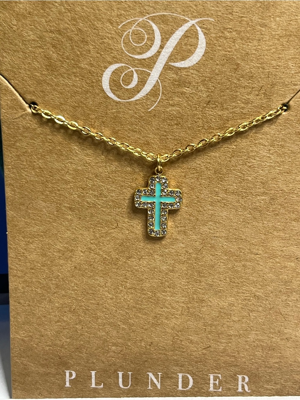🆕 Plunder Gold Cross Pendant Necklace with Turquoise Enamel and Crystal Accents